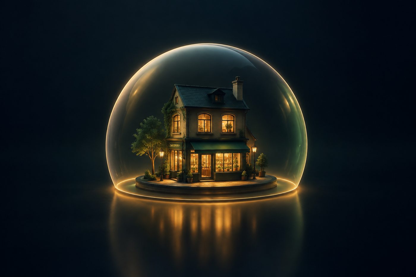 A small shop with warm lit windows, safe under a dome of light
